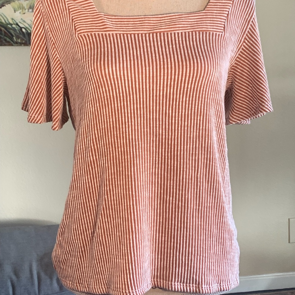 Dusty peach and cream “seersucker” like striped soft cotton top, new with tags